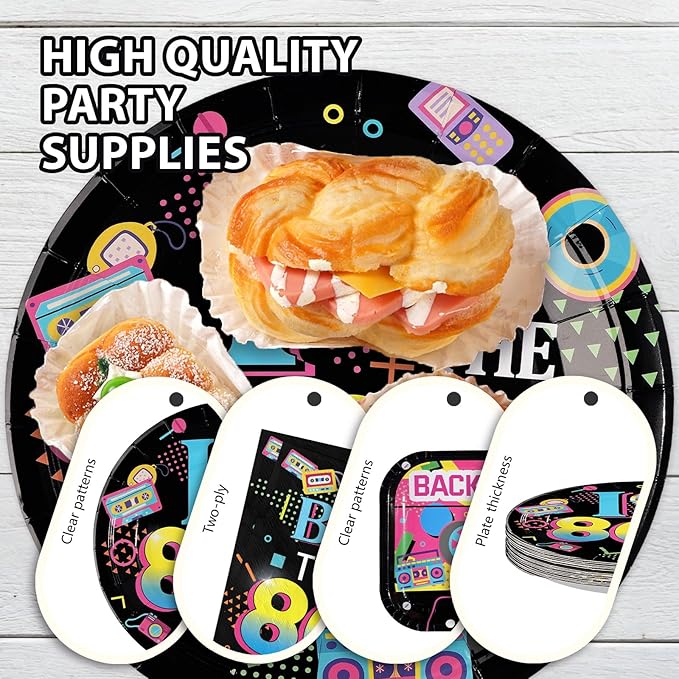 96Pcs 80s Party Decorations Back to The 80's Theme Plates and Napkins Tableware Sets Retro Colorful Hip Hop Decorations for Birthday Wedding Anniversary 1980's Party Supplies Serves 24