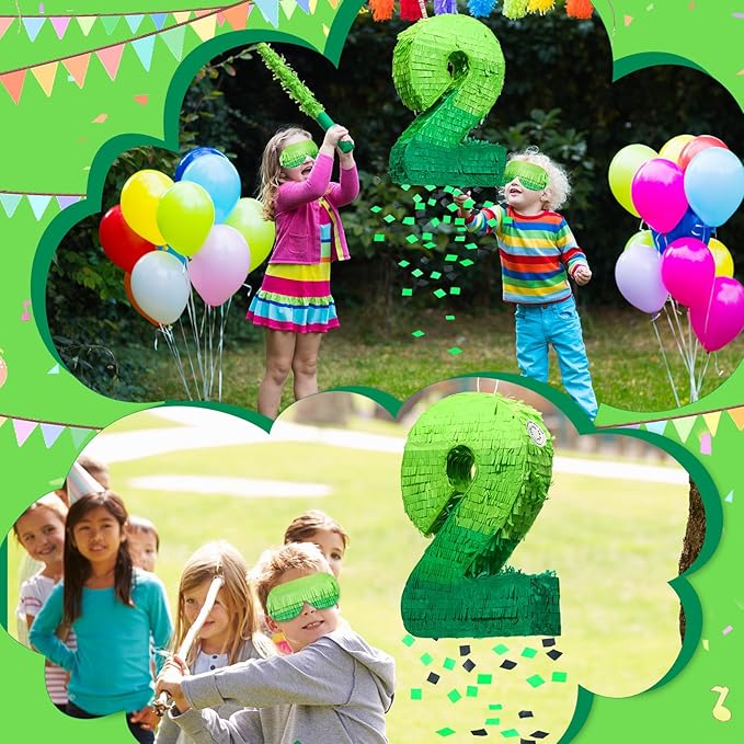 Number Piñata Decorations 16 Inch Gradient Green Piñata with Blindfold Stick and Confetti for Birthday Baby Shower Safari Jungle Themed Party Supplies Centerpiece(Number 2)
