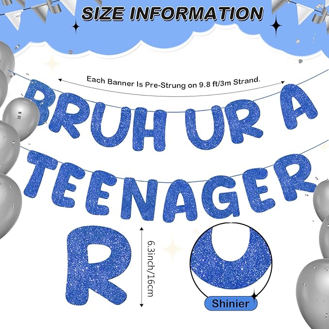Fulmoon Pre Strung Bruh Ur a Teenager Glitter Banner 13th Birthday Banner Decorations for 13 Year Old Teen Birthday Party Favors Supplies for Boy Girl(Navy Blue)