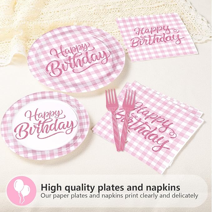96Pcs Pink Gingham Birthday Decorations Pink and White Checkered Plates and Napkins Plaid Birthday Decoration Favors for Girl Women Christmas Bday Baby Shower Holiday Picnic Party Supplies Serves 24