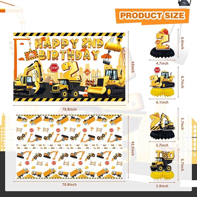 Mpanwen Construction Party Decorations for 2 Year Old Boy, 128Pcs Truck Construction 2nd Birthday Party Supplies for Baby Boys - Backdrop, Wall Signs, Tablecloth, Crown, Poster, Paper Glasses