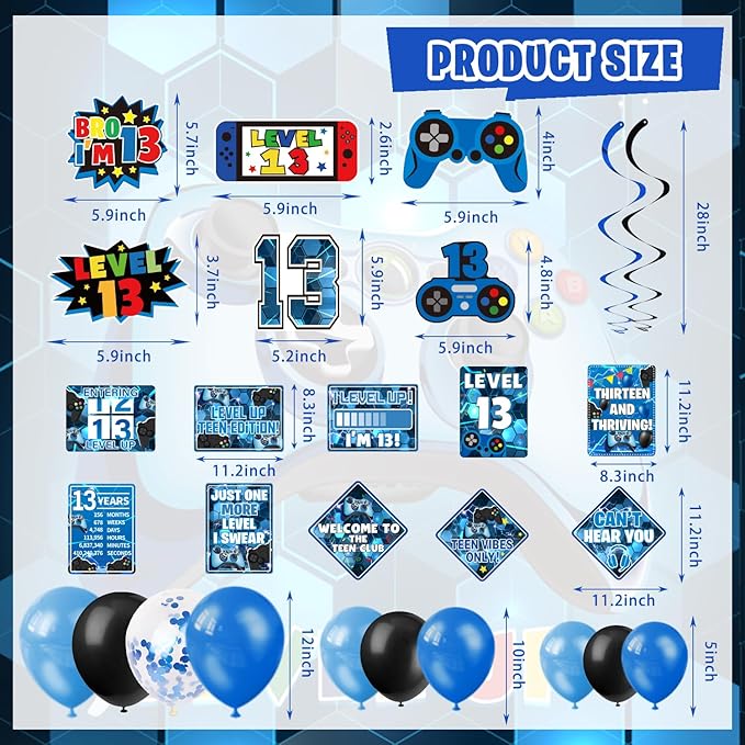 13th Birthday Decorations for Boys, 150Pcs Blue Video Game level 13 Party Supplies for Boy 13th Birthday - Backdrop, Banner, Balloons, Tablecloth, Centerpieces, Hanging Swirls, Wall Signs