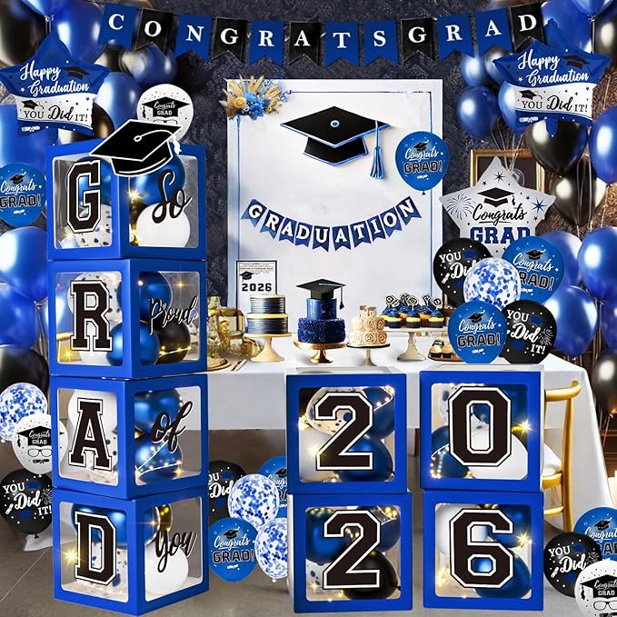 Graduation Decorations Class of 2026 - Blue Graduation Decorations - Balloons Boxes with Letters 2026 GRAD So Proud of You, Congrats Grad Party Decorations for Any Grades