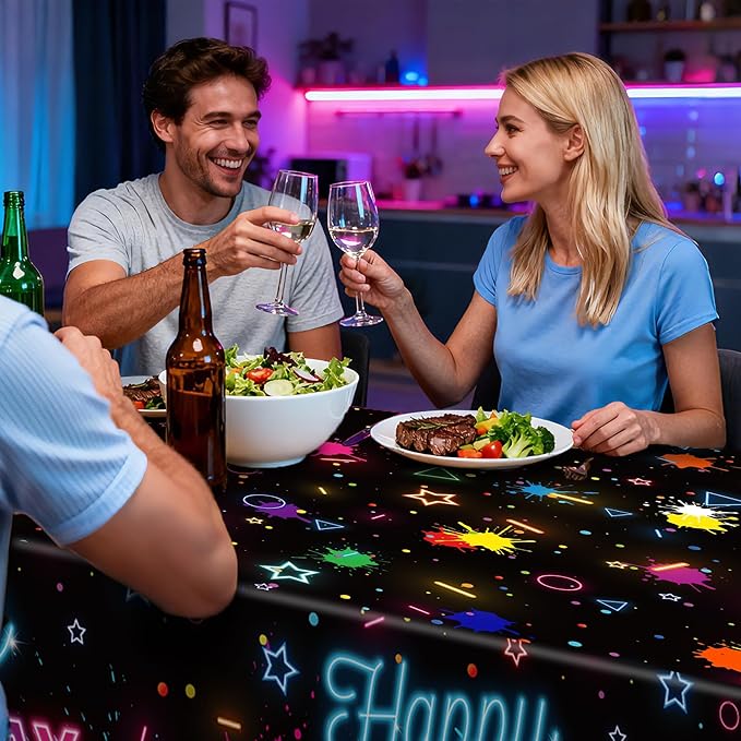 Kochorie 2 Pack Glow in The Dark Birthday Tablecloth 54 x 108 Inch Neon Disposable Plastic Table Cover Graffiti Paint Glow Table Cloths for Black Light Party, Let's Glow Birthday Decorations