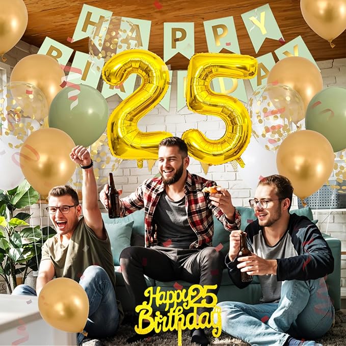 25th Birthday Decorations, Sage Green And Gold Happy Birthday Party Decorations With Number 25 Balloons Olive Green Gold Confetti Balloons Fringe Curtain Banner Cake Topper For 25th Party Supplies