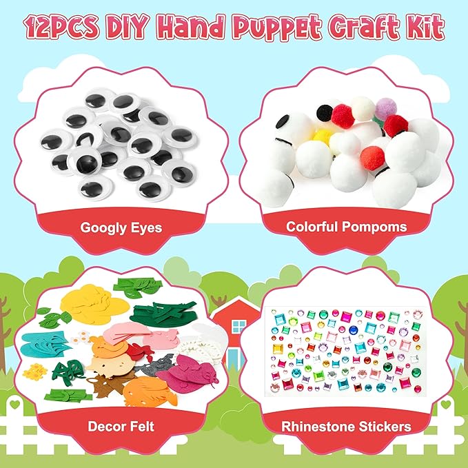 WATINC 12Pcs Hand Puppet Making Kit, Art Craft Felt Sock Puppet Toys, Creative DIY Make Your Own Pompoms Wiggle Googly Eyes Storytelling Role Play Party Supplies Gift for Girls Boys (Insect A Farm A)