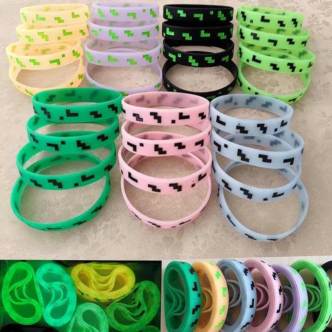Pixel Party Favors,Miner Birthday Decorations,28 Pieces Glow in the Dark Silicone Bracelets,Birthday Party Supplies for Kids