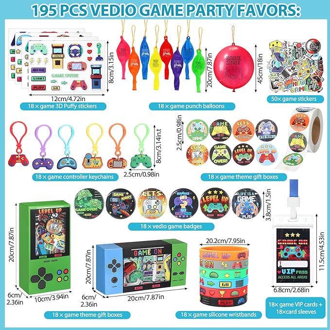 195 Pcs Video Game Party Favors for Kids Gamer Goodie Bag Stuffers Gaming Birthday Party Supplies with Gift Boxes, VIP Pass, Balloons, Bracelets, Keychains, Badges, 3D Stickers (Colorful)