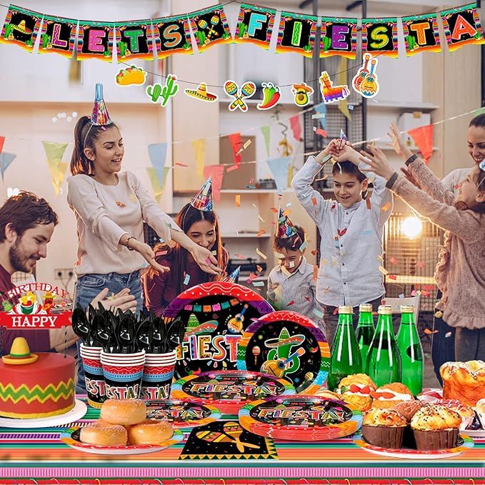 Mexican Themed Fiesta Party Supplies,161pcs Mexican Party Paper Tableware Set Includes Mexican Fiesta Plates Cups Napkins Tablecloth and Banner etc Fiesta Party Decorations Tableware, for 20 Guests
