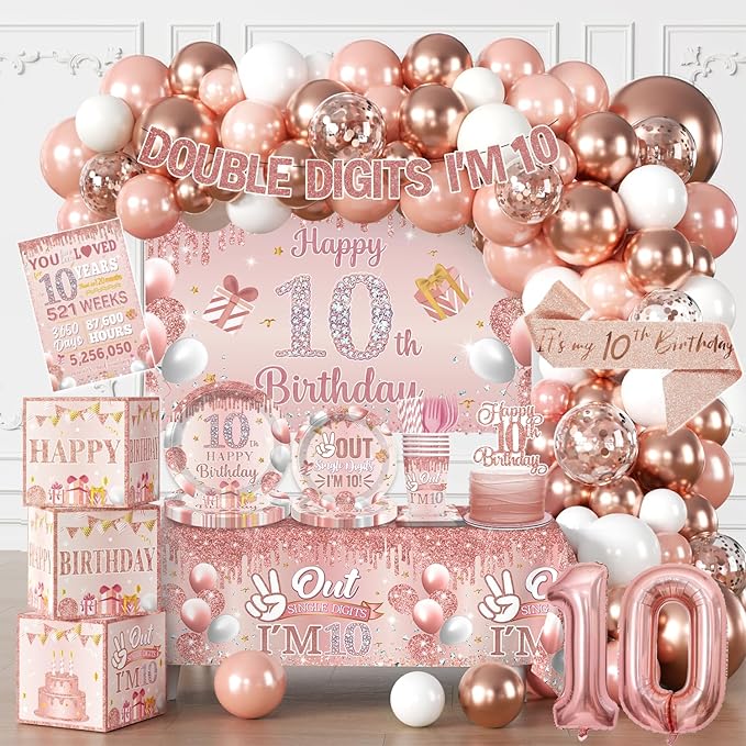 10th Birthday Decorations for Girl, Double Digits Birthday Girl 10 Years Old Double Digits I'm 10 Banner Balloons Garland Arch Backdrop Sash Plates and Napkins Set Ten Birthday Party Supplies