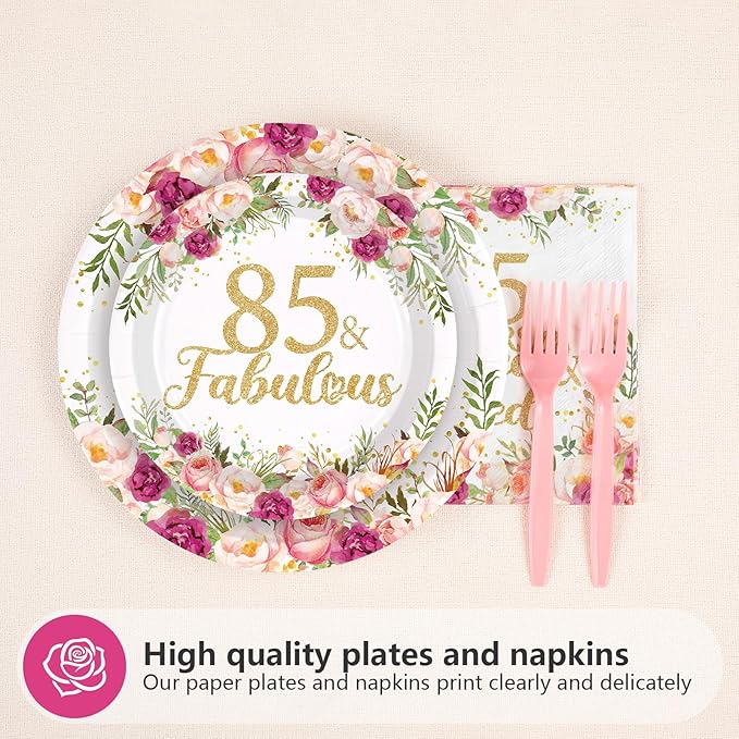 96Pcs 85th Birthday Decorations for Women Rose Gold Floral Party Plates and Napkins Disposable 85th Birthday Gifts Tableware Set for Women Fabulous Party Decorations Serves 24
