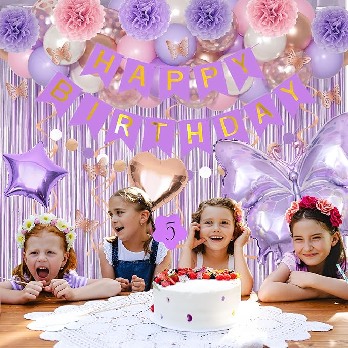 Purple Pink Birthday Party Decorations, Butterfly Confetti Rose Gold Lavender Balloons Happy Birthday Banner Fringe Curtains Hanging Swirls Circle Dots Tassels Pompoms for Women Girls Party Supplies