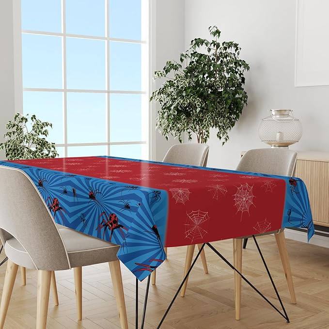 Spider Tablecloth 54×108 Inch, Red and Blue Table Cover with Spider Web Design, Disposable Table Decoration for Boys Birthday Party and Superhero Theme Events, Kids Theme Party Supplies