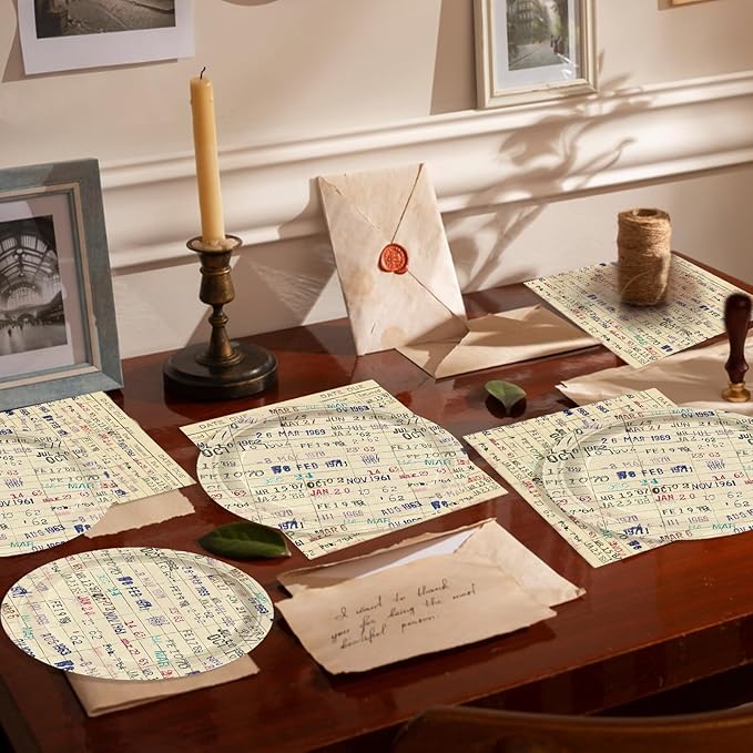 48 Pcs Due Date Card Book Club Vintage Beverage Napkins and plate Decorations Book Lovers Gifts or Reading Themed Dinnerware Party Supplies