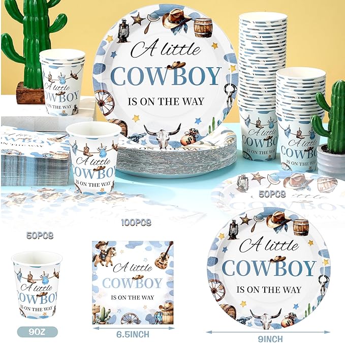Hushee 200 Pcs a Little Cowboy Is on The Way Baby Shower Paper Plates Napkins Cups Baby Shower Party Supplies Tableware Set Cowboy Disposable Cup Napkin for 50 Guest Boy Girl Spring Decoration