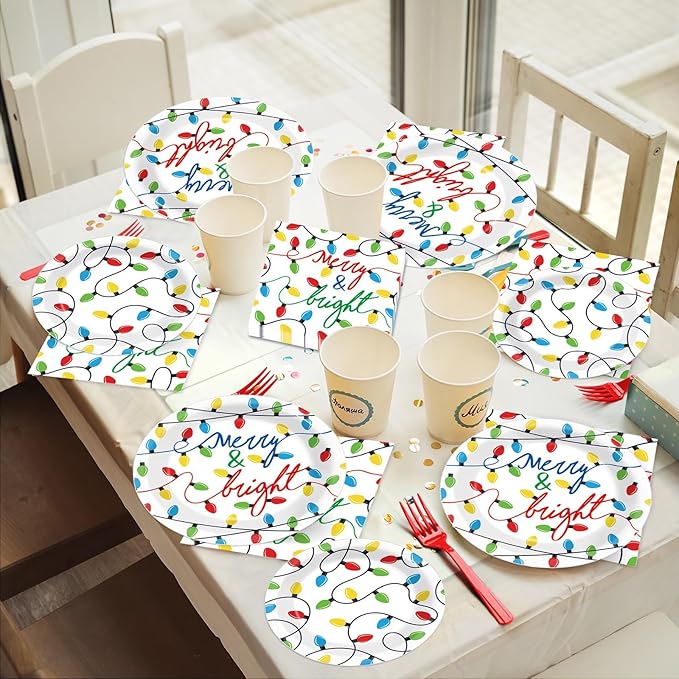 96PCS Merry Christmas Party Tableware Set Christmas Lights Party Supplies Merry and Bright Disposable Dinnerware Plates Napkins Forks with Holiday String Lights for Christmas Birthday Party Favors