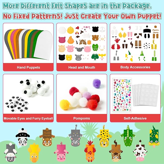 WATINC 12Pcs Hand Puppet Making Kit, Art Craft Felt Sock Puppet Toys, Creative DIY Make Your Own Pompoms Wiggle Googly Eyes Storytelling Role Play Party Supplies Gift for Girls Boys (Farm A Wild A)
