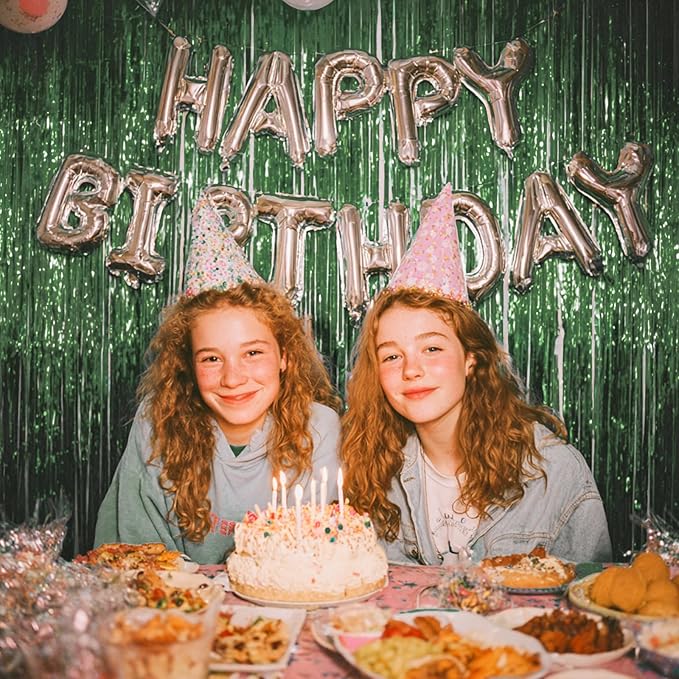 PartyWoo Green Streamers Backdrop 2pcs Green Tinsel Foil Fringe Streamer Curtains 8.2 FT Curtains Photo Backdrop for Graduation Birthday Dinosaur Jungle Golf Football Theme Party Decorations