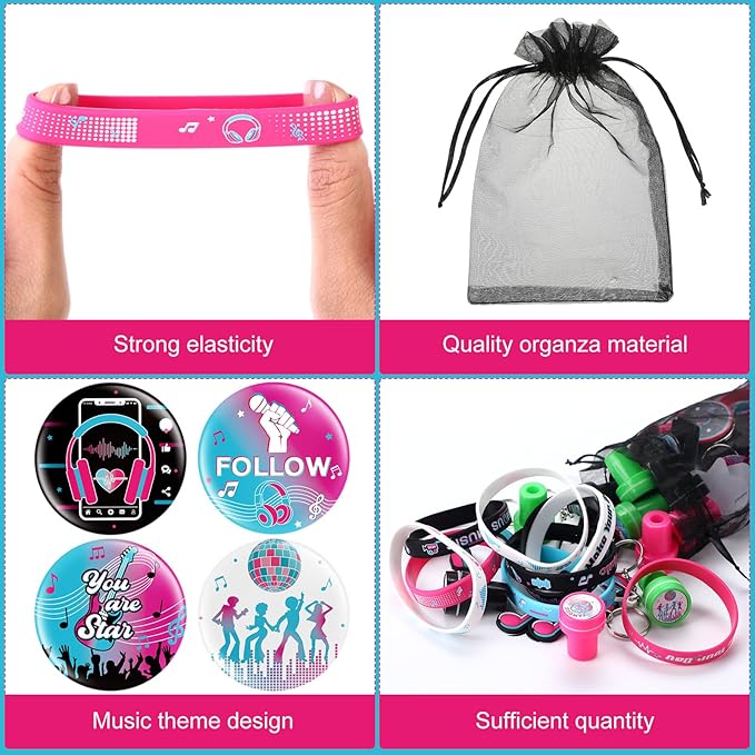 Capoda 110 Pcs Music Party Favor Supplies Kit Media Theme Gift Bag Filler Silicone Bracelets Button Pins Music Keychains Stampers Stickers for Boys Girls Birthday Party Decorations Supplies