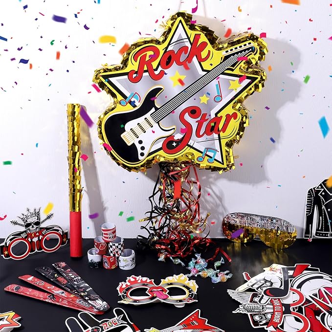 26Pcs Rock and Roll Guitar Piñata Party Set with Blindfold Banners Glasses Snap Bracelets for Music Theme Celebrations
