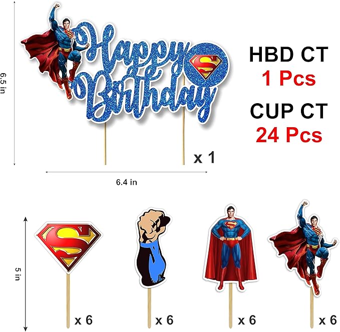 Suprman Theme Birthday Party Supplies – Superhero Party Decorations Set for Boys and Girls – Includes Birthday Banner, Cake Topper, Cupcake Toppers, Garland & Table Décor Party