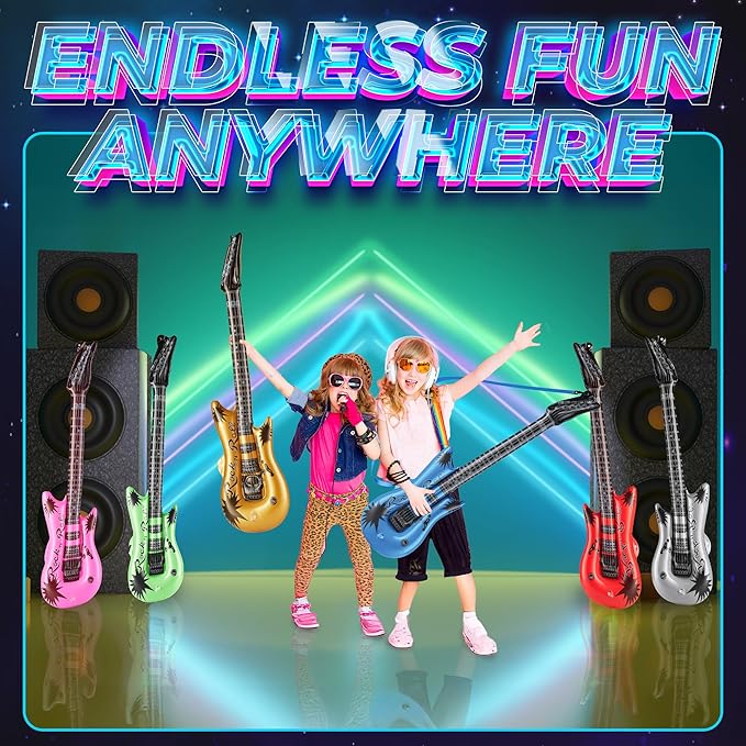 Inflatable Guitars With Strap - (pack Of 12) 36-inch Colorful Blow Up Guitar, Party Favors, DJ-props, Photo-booth, Birthdays, Rock Star, Rock And Roll Party Decorations, 80s 90s Party Supplies