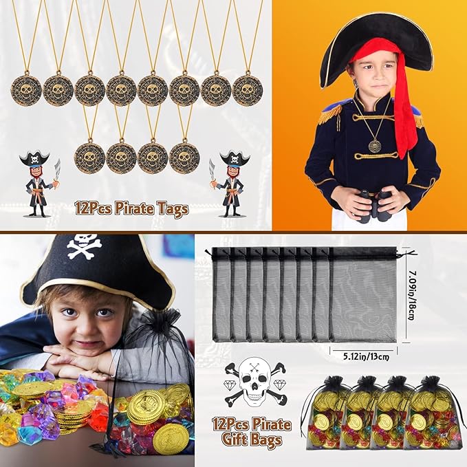 168Pcs Pirate Party Favors Supplies, Pirate Birthday Party Decorations, Pirate Gift Bags with Pirate Eye Patch Mustache Gold Coins Gems Tattoos for Kids Boys Pirate Birthday Party Goodie Bag Fillers