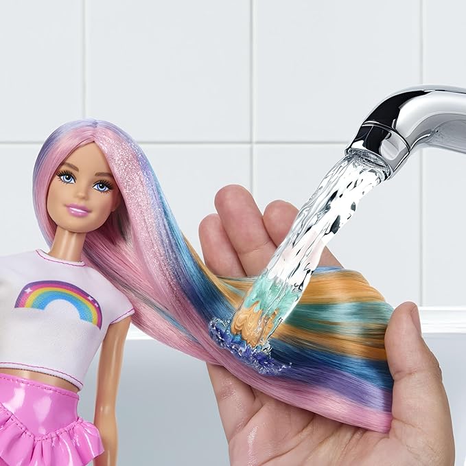 Barbie Rainbow Sparkle Hair Doll, Extra-Long and Colorful Hair with 12 Styling Accessories Like Glitter Tube, Brush, Clips, Dryer and More
