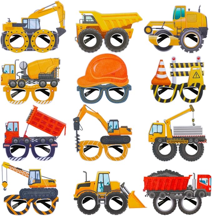 Construction Party Supplies 12PCS Construction Party Felt Glasses with Tractor Excavator Dump Truck Plastic Construction Toys Gift for Kids Toddlers Construction Birthday Party Decor Supplies