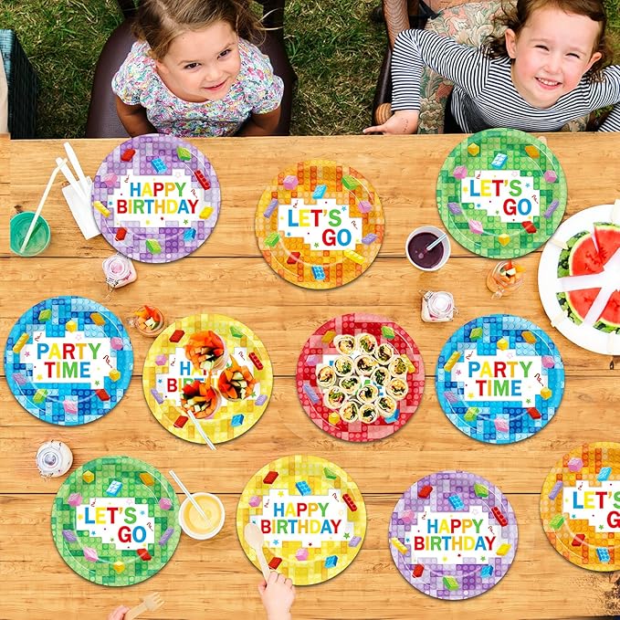 60Pcs Building Block Birthday Party Plates Building Bricks Disposable Paper Dessert Plates for Blocks Birthday Decorations Party Tableware Set for Boys Kids Baby Shower Supplies