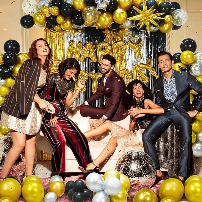 Fineclutter Balloon Column Kit Set 2 Tower Stand, Birthday Party Decoration Gold Black Silver Balloons 150PCS