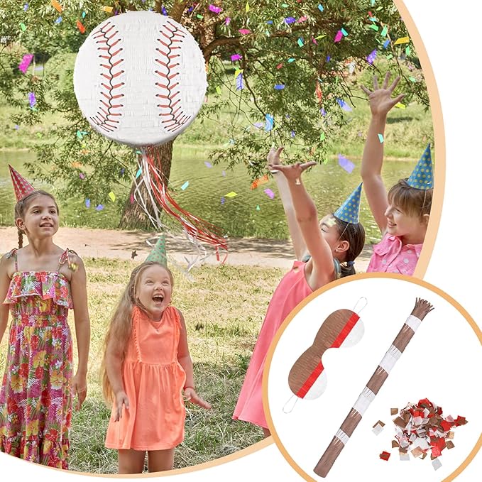 Baseball Piñata with Blindfold Bat for Birthday Party Softball Paper Piñata Sports Balls Confetti Baseball Party Supplies for Birthday Party Decorations 13.19 x 13.19 x 3 Inch(Simple)