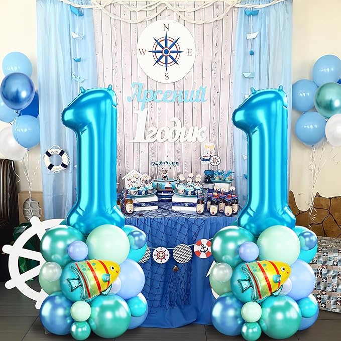 Blue Number 1 Balloon 40 Inch Ocean Under the Sea Number One Foil Balloons Tower with Shark Bubble Fish for Boys First 1st Birthday Party Decor Green Underwater Digital Aluminum Balloons Stack