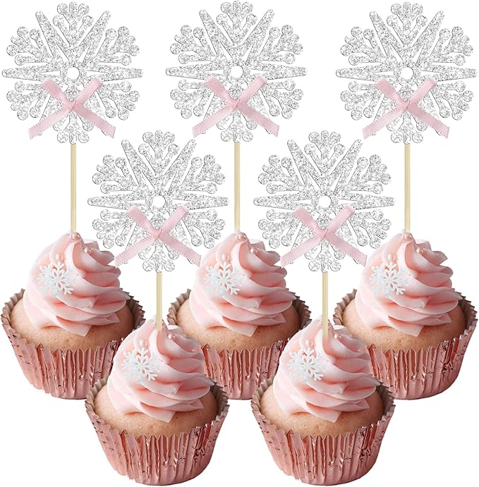 24Pcs Snowflake Cupcake Toppers Glitter Snowflake Cupcake Picks Frozen Pink Bow Snowflake Gender Reveal Cake Decors Baby Shower Gender Reveal Winter Theme Christmas Party Cake Decor Supplies