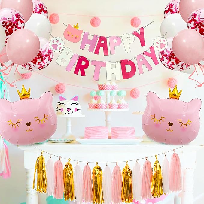 Pink Cat Birthday Party Decoration Kitty Cat Balloons Cat Kitty Birthday MEOW Banner Meow Party Supplies Pink Cat Kitty Cake Decoration