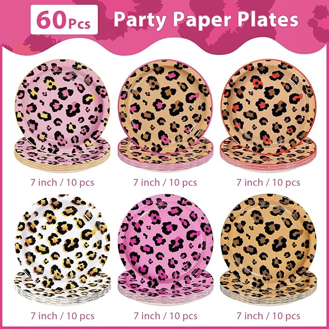 60Pcs Cheetah Theme Paper Plates - 7'' Heavy Duty Jungle Animal theme Dessert Cake Paper Plates Disposable Leopard Party Platters for Girls Jungle Safari Wild Birthday Party Decorations