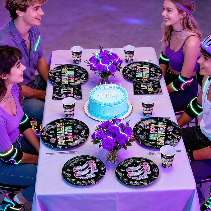 250Pcs Roller Skating Party Supplies Skating Birthday Plates Napkins Cups Neon Let’s Roll Disposable Paper Tableware Set for Kids Boys Girls Roller-Skate Birthday Party Decoration Serves 50