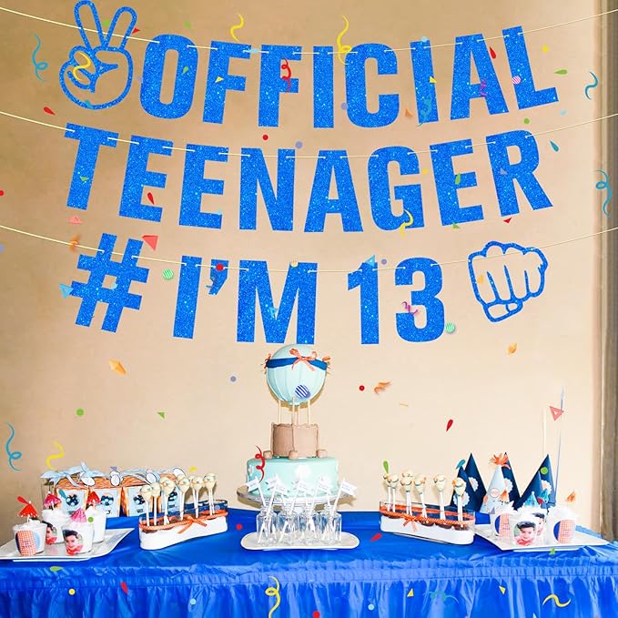 Glitter 13th Birthday Decorations Blue Official Teenager I’m 13 Banner for Boys, Cheers to 13 Years Happy 13th Birthday Party Supplies