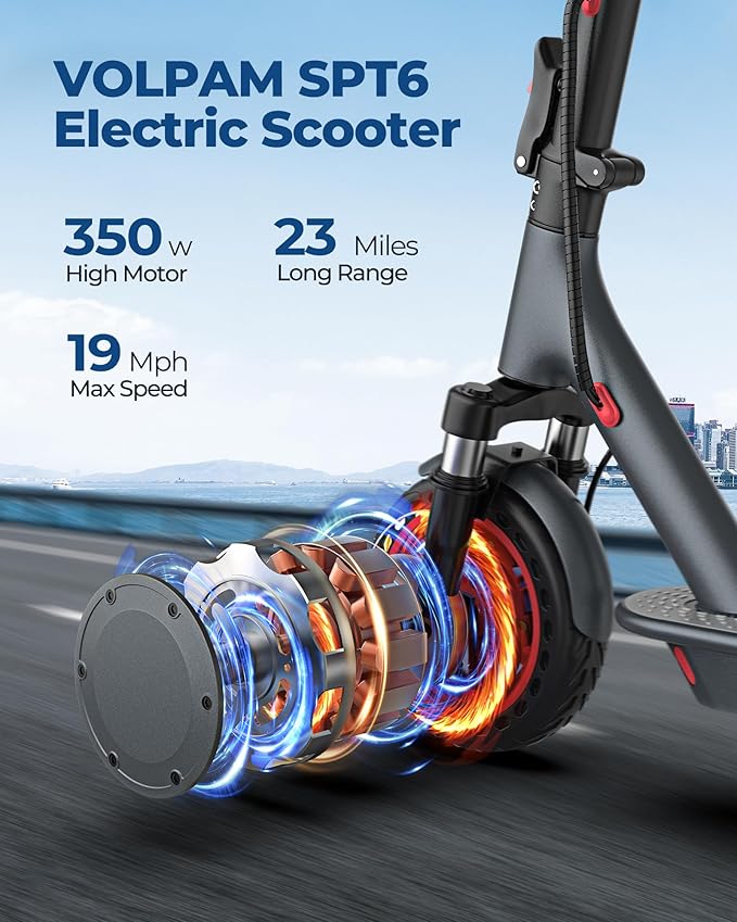 VOLPAM Electric Scooter, 350W/500W Powerful Motor, 8.5"/10" Solid Tires, 19/21Mph, 28/23/21/16 Miles Max Range, Dual Braking