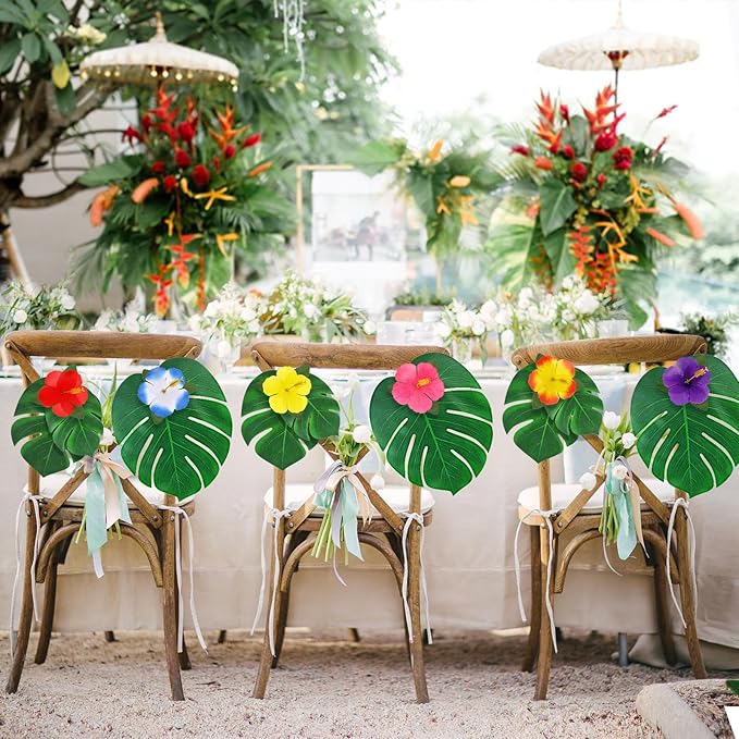 126Pcs Luau Party Decorations Supplies Tropical Palm Leaves Hibiscus Flowers Simulation Artificial Leaf for Hawaiian Luau Safari Parties Jungle Beach Theme BBQ Birthday Party Decorations Table Décor