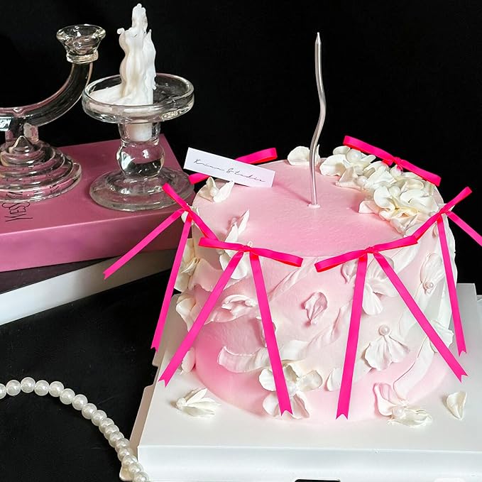12 PCS Hot Pink Bow Cake Topper Bowknot Ribbons Coquette Bow Cake Decorations Dessert Picks for Pink Bows Birthday Party Bridal Baby Shower Wedding