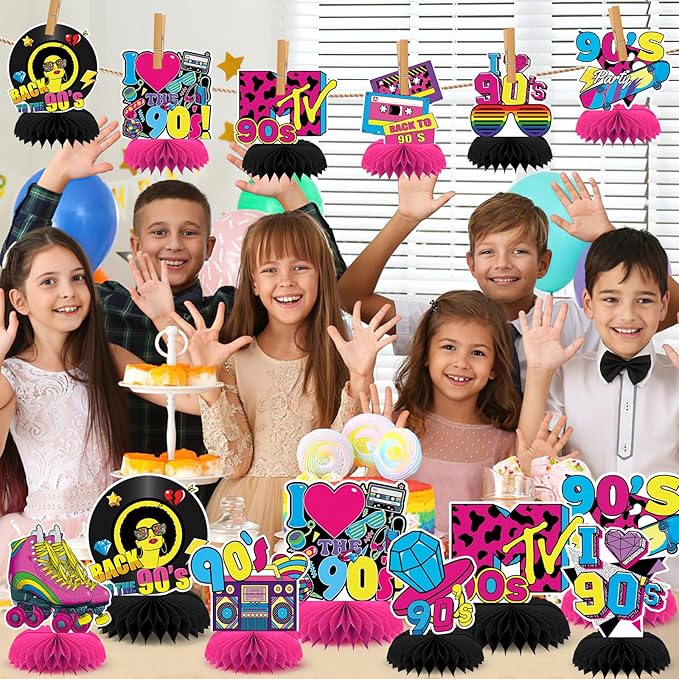 10 Pcs 90s Party Decorations, 90s Retro Honeycomb Centerpieces Back to 90s Party Table Centerpieces 1990s Vintage Birthday Party Favors Supplies 90s Themed Party Decorations
