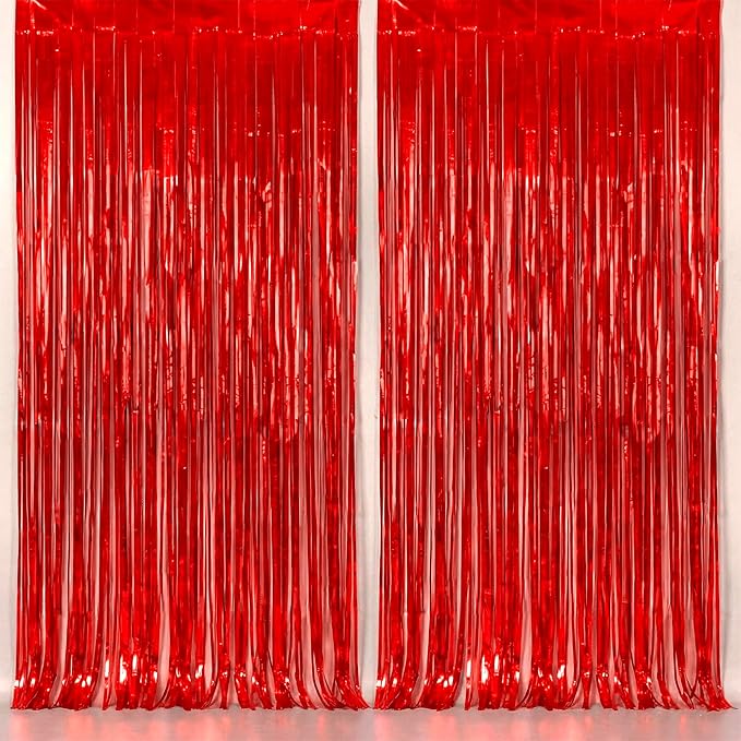 KatchOn, XtraLarge Red Streamers Backdrop - 3.2x8 Feet, Pack of 2 | Red Fringe Backdrop for Valentines Day Decorations | Foil Fringe for Birthday, Carnival, Casino Theme Party Decoration