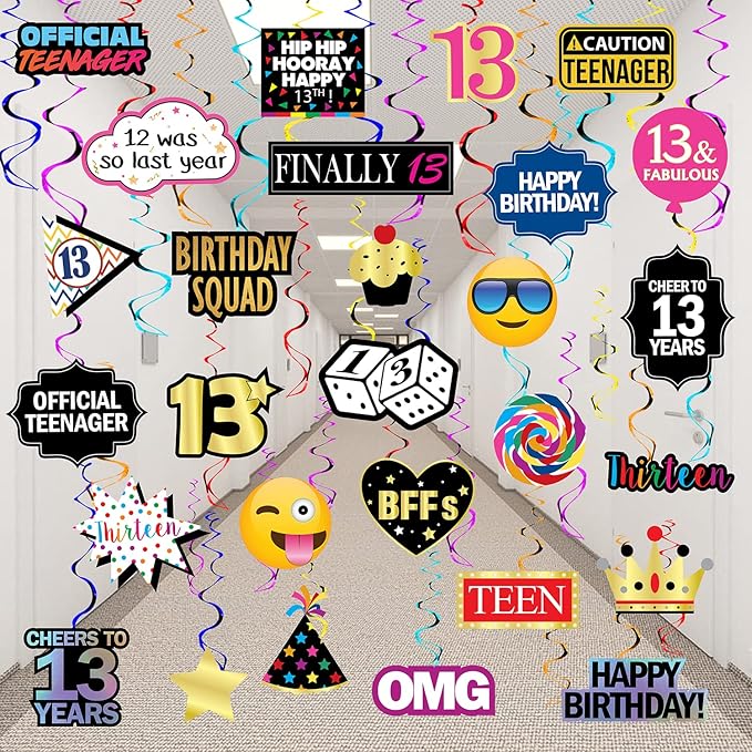13th Birthday Hanging Swirls - 28 Pieces - Funny 13th Birthday Party Supplies for Him or Her - Decorations, Gifts and Favors