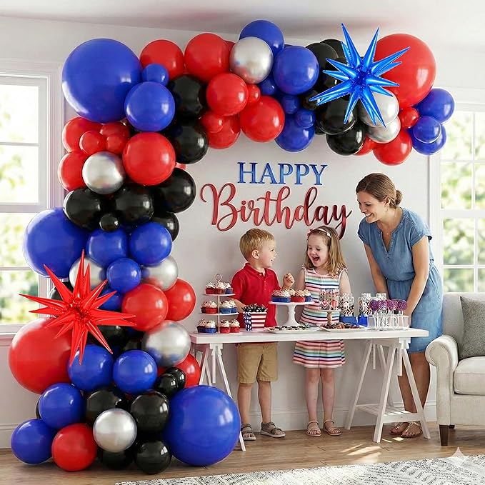 105Pcs Birthday Decorations for Boys, Red Blue Black Silver Balloon Garland Arch Kit with Starburst Foil Balloons for Kids City Defender Comic Vibe Baby Shower Party Supplies
