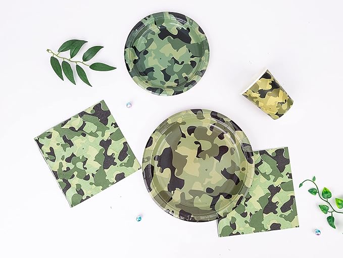Camouflage Party Supplies Tableware Set Including Camouflage Paper Plates Cups Napkins Straws Serves 16 for Birthday Baby Shower Party