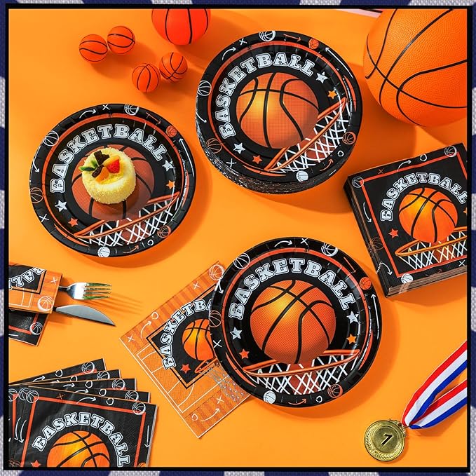 Umigy 100 Pcs Basketball Plates and Napkins Party Supplies Basketball Tableware Dinner Lunch Dessert Appetizer for Kids Boys Baby Shower Birthday Sport Party Decor Serves 50(Novel Style)