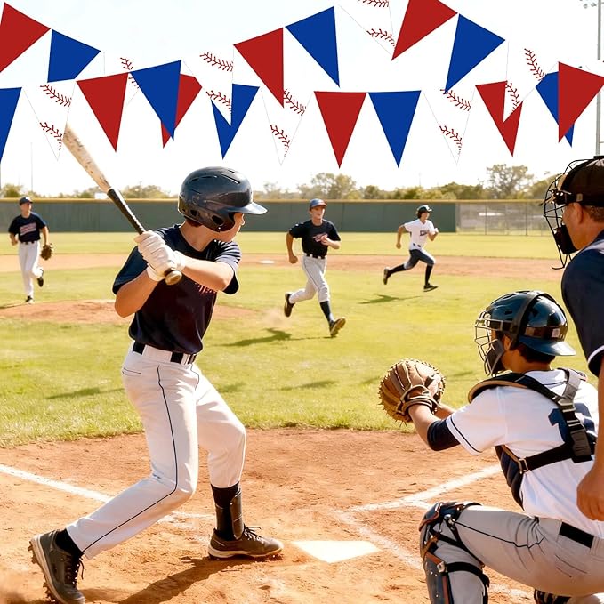 Faccito 5 Pack Baseball Banners Party Decorations Sports Championship Pennants Hanging Decor Themed Triangle Flags Athletics Game Garland for Birthday Party Supplies (Red,Blue,White)