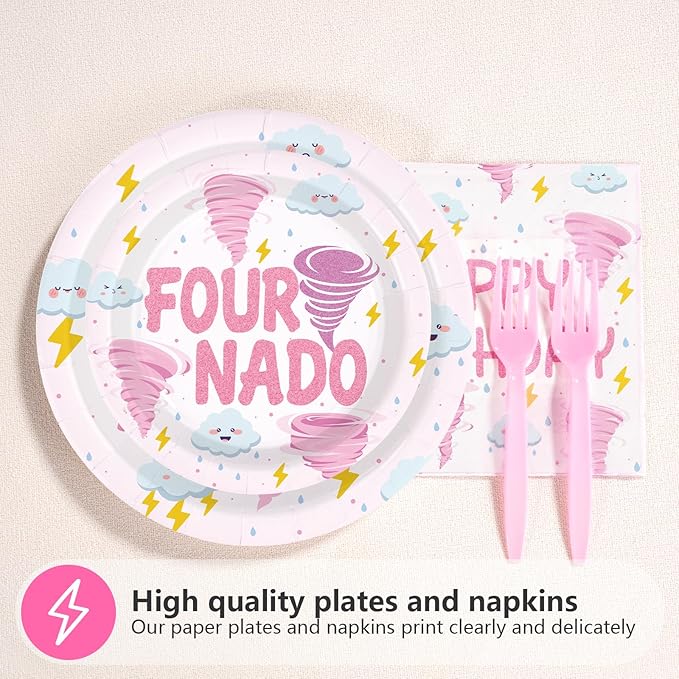 96 Pcs Fournado Birthday Party Decorations for Girl Pink Tornado 4th Birthday Plates and Napkins Tableware Set Four Nado Party Decor for Girls 4 Year Old Tornado Theme Baby Shower Supplies Serves 24