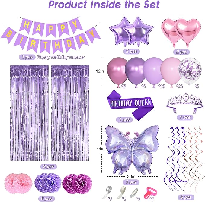 Ouddy Life Purple Pink Birthday Party Decorations for Women Girls, Butterfly Heart Foil Confetti Balloons Happy Birthday Banner Fringe Curtains Hanging Swirls Sash Crown Paper Poms Decor